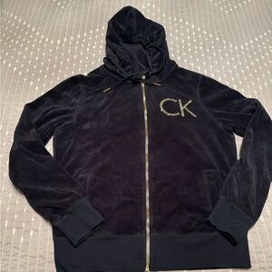 Black Calvin Klein sweater/ jacket Velour zip-front with hoodie